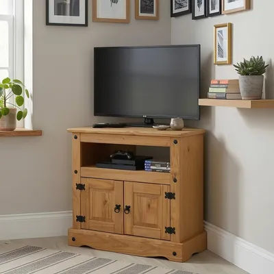 Produktbild von TV Rack SALSA 85 cm Regal TV Schrank Kiefer massiv im Mexiko Stil, gebeizt/gewachst, 2 Türen, 1 offenes Fach
