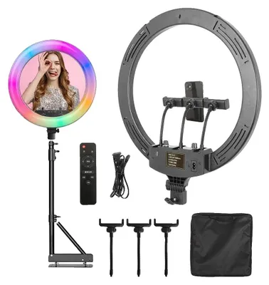 Zdjęcie produktu dla Oświetlenie pierścieniowe, regulowana jasność, obrót o 360°, 18 diod RGB, uchwyt 135 cm
