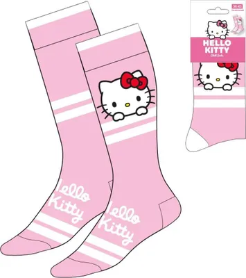 A pair of pink Hello Kitty socks with white stripes and a packaging card.
