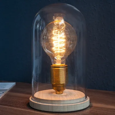 Produktbild von cagü: Design Retro Tischlampe ELECTRO transparent aus Glas und Holz 20cm Höhe