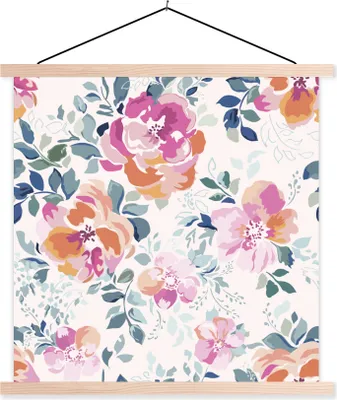 Produktbild von MuchoWow® Textilposter Blumen - Rosen - Aquarell 120x120 cm mit holzfarbenen Rahmen - Textil-Poster