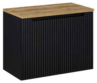 Image de Ensemble de salle de bain VANO 80cm : meuble sous vasque à placards noir mat rainuré + plan pour vasque aspect chêne clair