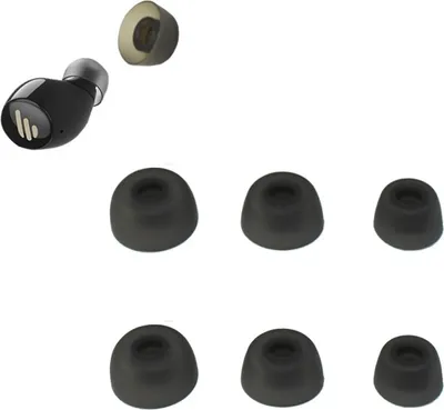 A black earbud and several gray ear tips are arranged on a white background.
