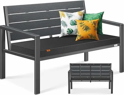 Zdjęcie produktu dla Ławka ogrodowa z poduszką – ławka do siedzenia, odporna na warunki atmosferyczne, dwuosobowa, imitująca drewno. Idealna na balkon, taras lub ogród. Obciążenie do 300 kg. Odporna na promieniowanie UV. W zestawie zdejmowany i łatwy do prania pokrowiec na poduszkę
