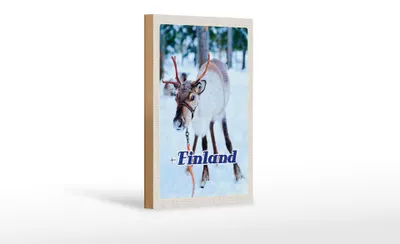 Produktbild von Holzschild Reise 12x18 cm Finnland Hirsch Wald kalt Schnee