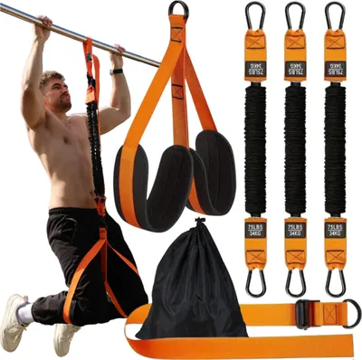 A man is using resistance bands attached to a pull-up bar for exercise. Several other resistance bands and a storage bag are also visible.