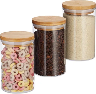 Productafbeelding van Voorraadpotten glas - 3 stuks - Pasta - Rijst - Muesli - Koffiebonen - 800 ml - HxD 16x9.5 cm - Bamboe - Natuur