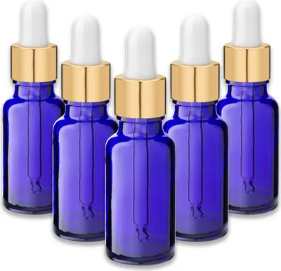 Produktbild von 5x Blaue Glasflasche 20 ml mit goldener Aluminium-Pipette Tropfpipette