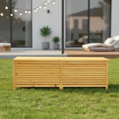 A wooden storage box sits on a green lawn in front of a modern house.