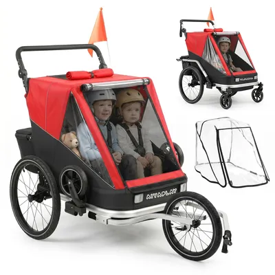 Produktbild von Fahrradanhänger für Kinder, 2-Sitzer, 2-in-1 faltbarer Kinderfahrradanhänger mit verstellbarem Sitz und Gurten, Rot