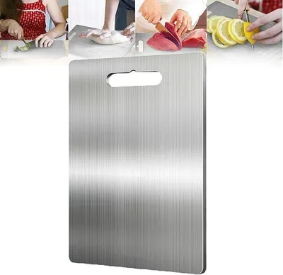 Produktbild von Titan Schneidebrett beidseitig, Doppelseitig Edelstahl Schneidebretter, mit integriertem Aufhängeloch, für Fleisch & Gemüse（34*23)