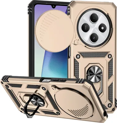 Immagine prodotto di Custodia per Xiaomi Redmi 14C a doppio strato con copertura scorrevole della fotocamera e supporto ad anello Oro