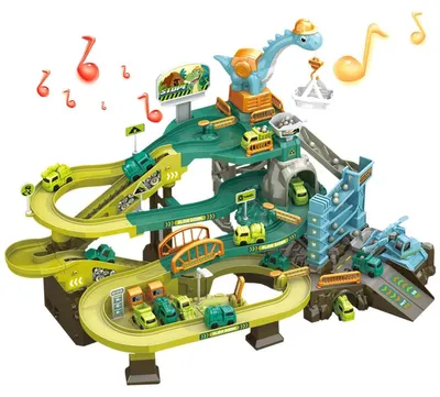 Image de Jeu interactif à monter soi-même comprenant un circuit de course et un parking pour enfants, avec musique, 4 étages, éducatif et divertissant, Montessori-STEM, à partir de 3 ans, dinosaures, vert