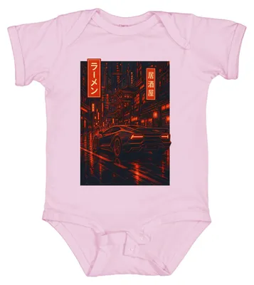 Zdjęcie produktu dla Japoński ramen, sportowy samochód, Tokio, noc, neon, cyberpunk, samochód, czerwony, styl Y2K, JDM, body dla dziecka, różowy, rozmiar 12/18