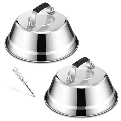 Produktbild von Burger-Dome, 2er-Pack, Burger-Dome aus Edelstahl mit Gummigriff, Schmelzkuppel für Hamburger, Grillgerichte, Steaks, Käse, Teppanyaki, für drinnen und draußen, spülmaschinenfest – 16,8 x 6 cm