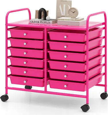 Produktbild von GOPLUS Rollwagen mit 12 Schubladen stapelbar, Rollcontainer mit Ablage & Metallgestell, Badregal, Schubladenwagen, Aufbewahrungswagen, Rosa