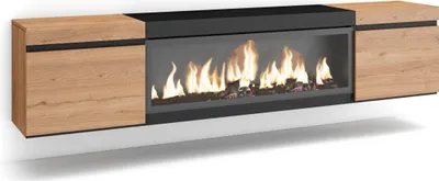 A modern, wall-mounted TV cabinet with a built-in electric fireplace.