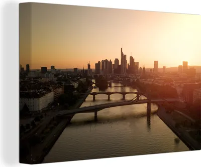Produktbild von OneMillionCanvasses® - Leinwandbilder - 140x90 cm, Luftaufnahme des Sonnenuntergangs über Frankfurt vom Main aus, Deutschland, Wandbilder Kunstdruck Wanddekoration - Foto auf