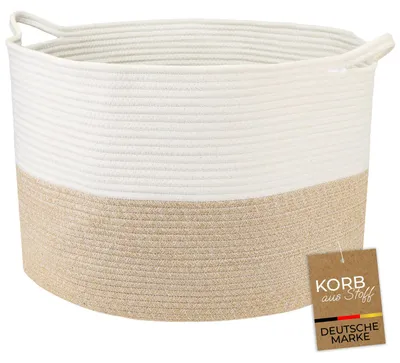 Produktbild von HMF XXL Wäschekorb aus Baumwolle, runder Aufbewahrungskorb mit Griffen | 55 x 35 cm | Weiß-Braun, KI-generiertes Bild