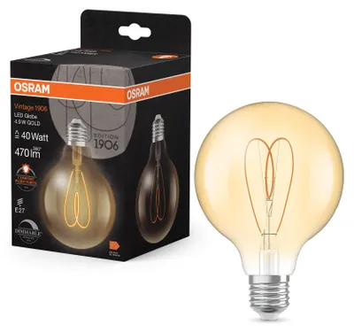 Obrázok produktu pre OSRAM Vintage 1906 Globe je teplá biela stmievateľná LED žiarovka v klasickom guľovom tvare so žiarovkou. Ponúka 4,9 W pre 470 lm, pätica E27, sklo zlatej farby, priemer 95 mm, 2200 K, EEK F.