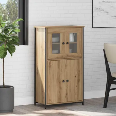 A highboard cabinet is shown in a room setting with a plant and a chair.