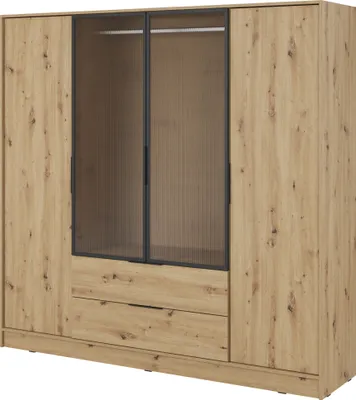 Produktbild von Moderner Schrank in Artisan Eiche mit Glastüren - Maße: 206 x 200 x 51 cm - Rustikaler und Zeitloser Stil