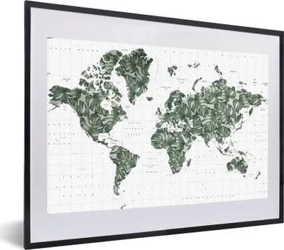 Produktbild von MuchoWow® MuchoWow® Gerahmtes Poster Weltkarte - Blätter - Tropisch 60x40 cm - Poster mit zchwarzem Bilderrahmen - Schlafzimmer - Plakat in Rahmen - Drucken