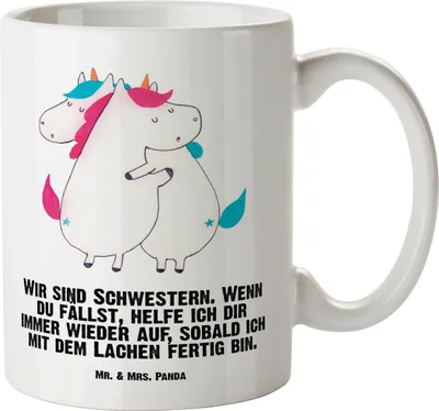 Produktbild von Mr. & Mrs. Panda Riesenkaffeetasse Einhörner Umarmen - Weiß - Geschenk, Haferl, Große Tasse Mit Henkel, Kaffeepott, Freundin, Einhorn, Liebe, BFF, Familie, Pott, Deko