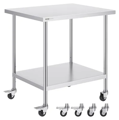Obrázek produktu pro Pracovní stůl VEVOR z nerezové oceli, kuchyňský stůl 762 x 914 x 954,6 mm, přípravný stůl, se 4 kolečky, 3 nastavitelné výškové úrovně, pracovní stůl pro přípravu jídel pro komerční restaurace