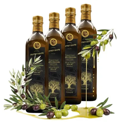 Zdjęcie produktu dla Oliwa z oliwek 4 x 750 ML - Niefiltrowana - Owocowy smak - Tłoczona na zimno - EV BLACK - Extra Virgin - Oliwki Pelion Amfissa - Szklana butelka