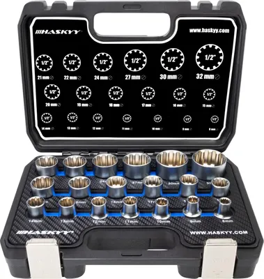 Produktbild von HASKYY Steckschlüssel Set Multi 6-Kant 12-Kant 1/2 Zoll Nuss Satz 8-32mm 19-teilig