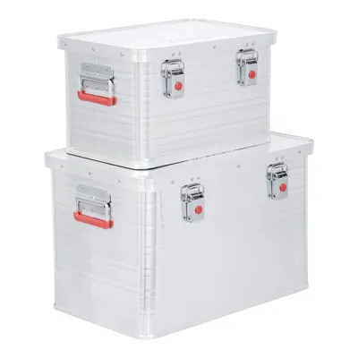 Produktbild von STIER Alubox Set, 30L und 65L, stapelbare Transportkisten, Staub- und spritzwasserresistent mit Gummidichtung und Klapphandgriffen, großes Fassungsvermögen