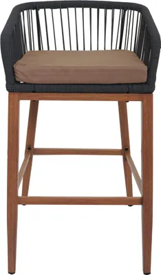 Produktbild von 2er-Set Rope-Barhocker HWC-O22, Outdoor Sitzpolster Seilgeflecht Metall Holz-Optik  anthrazit, Kissen taupe