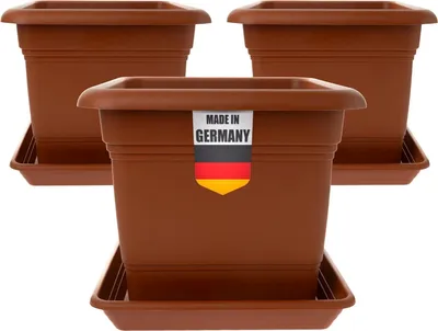 Produktbild von 3er Set - Eckige Pflanzkübel mit Untersetzer, 28x28 cm, Übertopf Groß, Hochwertiger Blumentopf & Blumenkasten, Terracotta