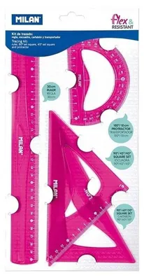 Produktbild von Milan Flex & Resistant Acid, Winkelmesser, Lineal, Dreieck, 4 Stück(e), Pink, 45° & 60°, Halbkreis, 108 g
