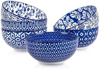 Imagen del producto de Uniqoos® Juego de 6 cuencos de cerámica azul vintage – 680 ml, ideales para sopas y cereales, apilables, aptos para microondas, horno y lavavajillas
