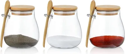 Produktbild von Glas Gefäßset aus 2 - 350ml luftdichter Gewürzgefäß - Holzlöffel - Küchenorganisation Gefäße für Gewürze Salz Zucker