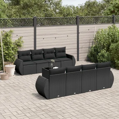 Produktbild von Design 9-tlg. Garten-Sofagarnitur mit Kissen Schwarz Poly Rattan, Gartenmöbel-Sets 2024 Neu