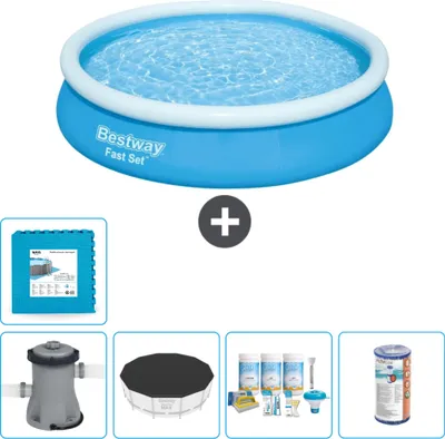 Immagine prodotto di Bestway piscina gonfiabile rotonda ad ambientazione rapida - 366 x 76 cm - blu - inclusa copertura della pompa - pacchetto manutenzione - filtro - piastrelle per il pavimento