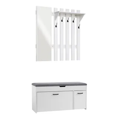 A white entryway set including a shoe bench and a coat rack with a mirror.