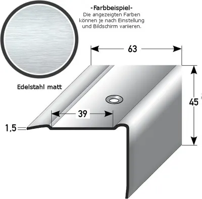 Produktbild von Treppenkante "Mirabella" / Kombiwinkel / Winkelprofil, Breite: 63 mm, verschiedene Höhen von 25 - 45 mm, aus Edelstahl (matt), gebohrt, von Auer Metall-1000-45 mm