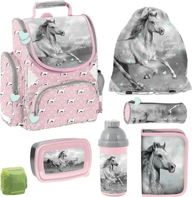 Produktbild von Pferde Schulranzen 1. Klasse für Mädchen Schultaschen Set 7-teilig mit Federmappe