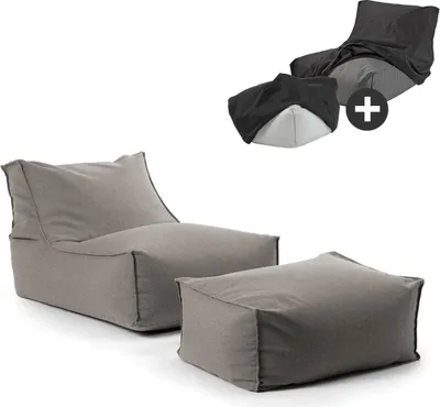 Produktbild von mokebo® Outdoor Sitzsack und Pouf für Kinder & Erwachsene 'Der Sundowner', Bean Bag mit Füllung oder Bodenkissen für Indoor & Outdoor, auch als Liegekissen, Relaxliege mit Hocker in Steingrau