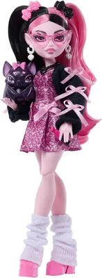 Produktbild von Monster High Draculaura-Modepuppe in Schleifenkleid mit Fledermaus Count Fabulous und 7 Zubehörteilen, Modepuppe, Weiblich, 4 Jahr(e), Mädchen, 285,7 mm, Mehrfarbig