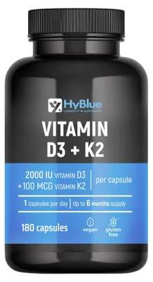 Immagine prodotto di HyBlue Vitamina D3 K2 Mk7 180 Cps | Vitamina D3 2000 UI + K2 100 Μg Alta Biodisponibilità | Vit D3 K2 Ossa, Denti e Difese Immunitarie | No Glutine Ne Lattosio, 100% Vegano | Fino 6 Mesi