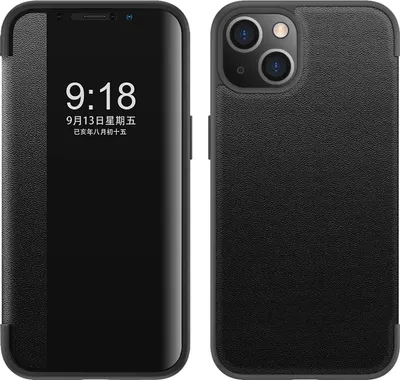 Image de Étui pour iPhone 13 étui fin à rabat en cuirPolyuréthaneavec fenêtre d'affichage noir