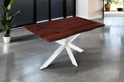 Produktbild von Esstisch 140x80 cm Baumkante Holz Nussbaum-Optik Spider-Gestell Metall weiß JOSY