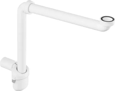A white plastic siphon for plumbing, shown against a white background.