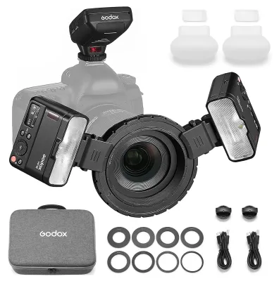 Obrázok produktu pre Sada makro bleskov GODOX MF12-DK1 obsahujúca 2 x externý TTL blesk MF12 + 1 x spúšť blesku + 8 x adaptérnych krúžkov + 1 x montážny krúžok + 2 x difúzory + 2 x držiaky na studenú päticu, podporuje bezdrôtové ovládanie 2,4 GHz v režimoch TTL/M pre dentálnu fotografiu, portrétnu makrofotografiu, kompatibilný s Sony A7IV/ A7V/ A7RIV/ A7SII/ A9/ A9II