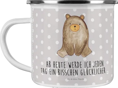 Produktbild von Mr. & Mrs. Panda Teetasse Bär sitzend - Grau Pastell - Geschenk, Emaille Tasse, Pott, Kaffeepott, Teebecher, Teddy, Haferl